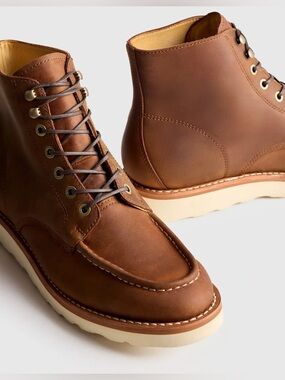 Quince Brown Crafted Cowhide Leather Moc Toe Boots with Cream Wedge Sole. No Box